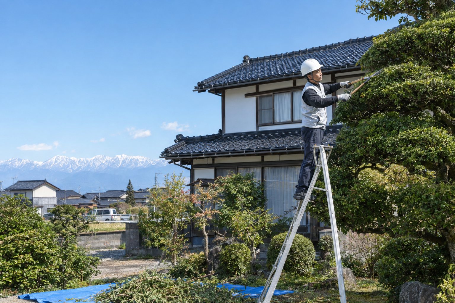 三脚脚立に乗り、富山の住宅の庭木を剪定する作業員